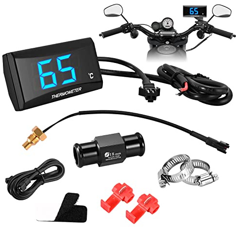 Thermomètre Numérique Universel pour Moto avec 18/22mm Adapter, Capteur de Température de sonde en métal, étanche LED affichage numérique capteur de température lumière bleue pour KOSO, bleu (18mm)