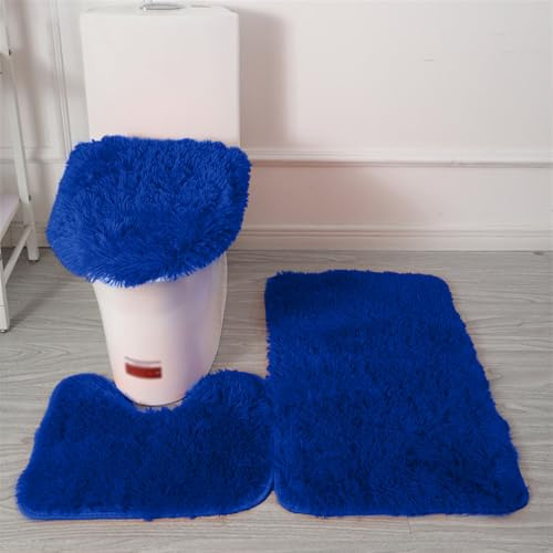 Reyox Badvorleger Set 3 Teilig, Weiche Hochflor Badematte rutschfest, Mikrofaser Flauschig Badteppich für Toilett WC Badezimmer Königsblau 3 STK