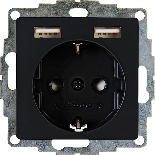 Kopp Athenis 296250082 - Enchufe protector de contacto, 1 vía, con 2 tomas de carga USB, 16 A, 250 V~, corriente de salida de enchufes de carga máx. 2400 mA/5 V, IP20, color negro, superficie mate