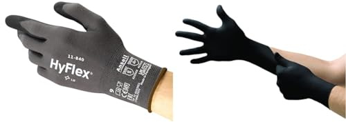 Ansell HyFlex 11-840 Professional Work Gloves, Multipurpose Protection Gloves, Black, Size M (3 Pairs) + Ansell Microflex 93-732 Disposable Nitrile Gloves, Black Disposable Gloves, Size M (100 Gloves)