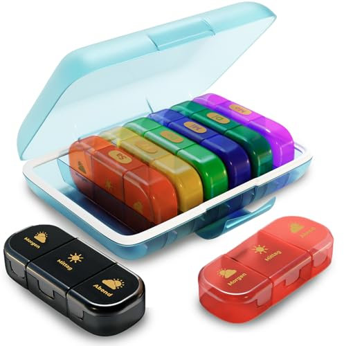 XL OWeise Tablettenbox Set: Große wöchentlicher Pillenbox für 7 Tage mit 3 Fächer + Kleine Pillendose mit 3 Fächer für die Reise. Deutsch