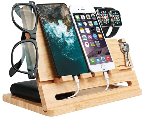 Gocokia Bamboo Double Phone Docking Station Ash Key Holder Stand Watch Organizer Men Husband Wife Dad Birthday Gift Nightstand Father Gadgets Compatible with iPhone iWatch AirPods
