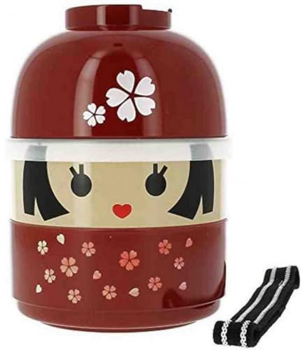 JapanBargain 3373, Lonchera japonesa linda muñeca Kokeshi, caja bento, muñeca geisha Kokeshi roja con patrón de Sakura, fabricada en Japón