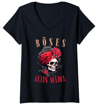 Damen Böses Altes Mädel Totenkopf Schädel Rosen Bikerin Bandana T-Shirt mit V-Ausschnitt