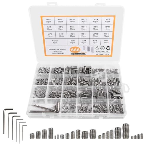 666 Stück Madenschrauben Sortiment Set, M2 M3 M4 M5 M6 M8 Inbuskopf Innensechskant Gewindestifte Schrauben Wurmschraube Sechskantkopf Inbusschraube Edelstahl Madenschrauben Set mit Inbusschlüssel