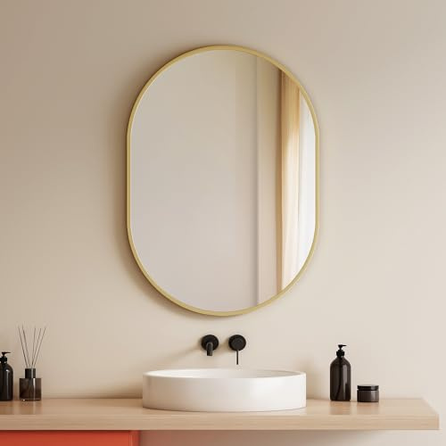 EMKE Badspiegel Oval Goldener 50 x 70 cm, HD Dekorativer Wandspiegel | Ovaler Wandspiegel, Goldener Rahmen, horizontal vertikal, Badezimmer Wohnzimmer Flur, explosionsgeschützt Sicherheit