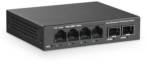 YuLinca 6 porte 2,5G Easy Web Managed Switch, 4 porte 2,5Gbps Base-T e 2 slot 10G SFP+, supporto LACP/QOS/VLAN/IGMP, mini switch gestito 2,5Gb in metallo senza ventola