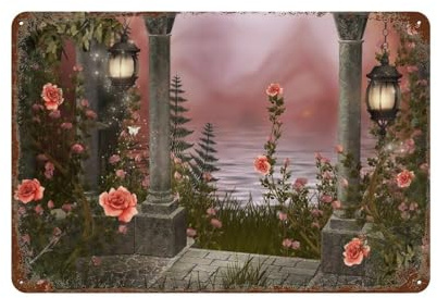 Plaque en métal vintage,Paysage lacustre dans le jardin du pavillon,pour cafés, bars, pubs, magasins, décoration murale amusante et rétro pour homme et femme-30 x 40 cm (12 x 16 inch) N2