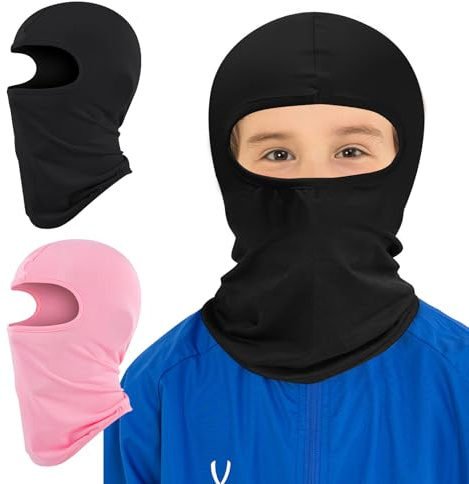 Risipu 2 Pack Kids Balaclava Face Mask,Thin Helmet Liner Face and Neck Cover Mask for Boys Girls Lightweight Neck Gaiter Skiing Cycling Fishing (UK, Alpha, One Size, Black+Pink)