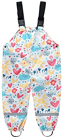 Enfant Pantalon de Pluie Garçons et Filles Imprimé Cartoon Coupe-vent Imperméable Boue Tout-Petit Salopette de Pluie Respirant Dinosaur Combishort de Polyester Pantalon de Ski (A04-White, 10-11 ans)