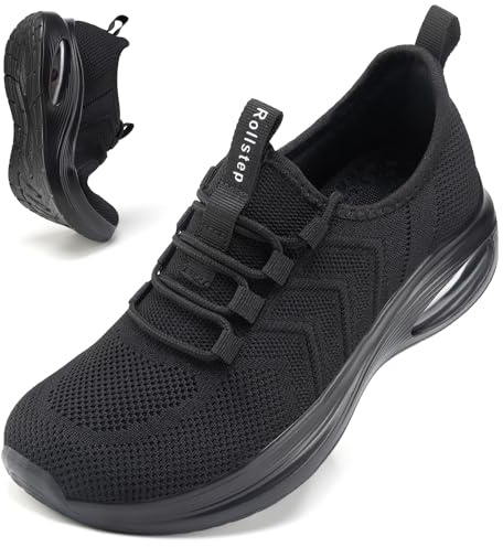 Rollstep Wide Toe Box Shoes Women Extra Wide Width Sneakers Diabetic Air Cushion Road Running Shoes Ultra Light Wide Tennis Sneakers Gym Training Breathable Walking Shoes All Black 42