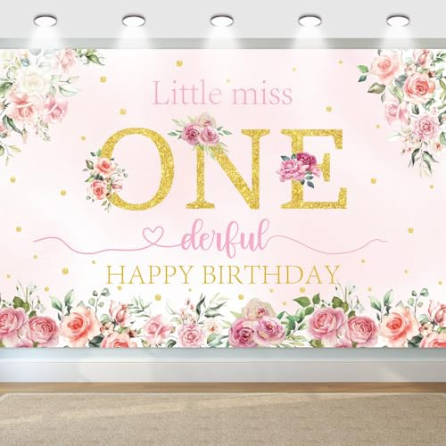 Blumen 1. Geburtstag Dekoration, Blumen Miss Onederful Banner Hintergrund für Mädchen erste Geburtstagsfeier Dekor, Little Miss Onederful Alles Gute zum 1. Geburtstag Party Dekoration, 180x120cm
