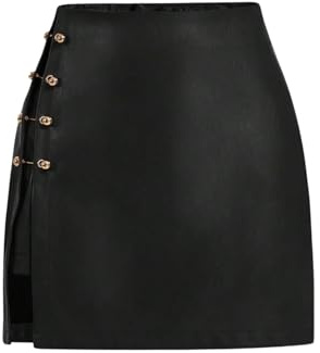 WDIRARA Women's Side Slit Metallic Trim High Waisted Faux Leather Short Skirts Black Medium