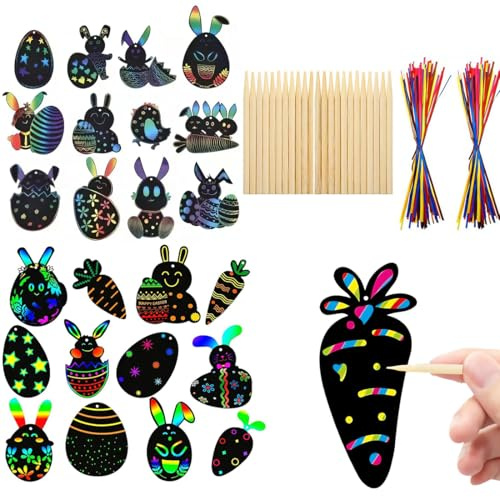 AWOGIPD 24 PCS Kratzbilder, Ostern Kratzbilder, Ostereierhasen-Kükenform mit Bändern Kratzstift, Magische Bunte Regenbogen-Scratch-Papierkarte Scratch Crafts