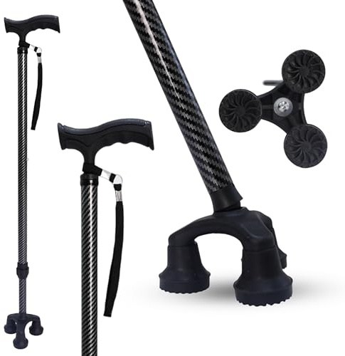 Dr. Aid Tripod Cane for Men and Women - Premium Carbon Fiber Walking Stick - Foldable and Adjustable - Heavy Duty Walking Stick for Elderly - Supports 400 lbs - For