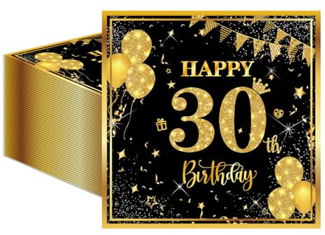 50 Stück Servietten zum 30. Birthday 33x33 cm Gold Schwarz Servietten Milestone 30 Dekorative Servietten mit Ballondruck Papier Taschentücher Taschentücher