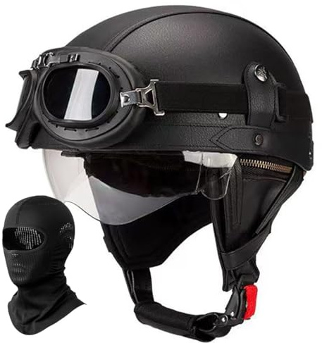 Deutscher Leder Motorrad Halbhelm für Erwachsene Männer Frauen, Vintage Halbschalen-Helm ECE Geprüft Halbschalenhelm mit Schutzbrille Visier, für Fahrrad Cruiser Scooter Chopper