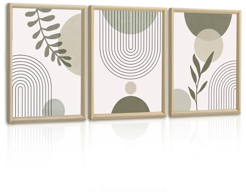 3Pcs Gris Vert Boho Géométrique Lignes Tableau Decoration Murale Encadre, Minimaliste Lignes Plantes Impression Sur Toile Esthétique Botanique Affiche Peinture Décor Mural pour Salon Chambre 30X40cmX3