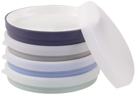 Elk and Friends Lot de 4 assiettes en porcelaine blanche de 19,8 cm avec manchons en silicone + couvercles | Convient pour les bébés/tout-petits | Passe au micro-ondes et au lave-vaisselle | Vaisselle