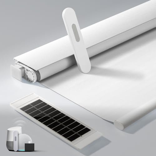 No Drill Motorized Blinds with Remote, Blackout Automatic Blinds with Solar Panel, Cordless Smart Electric Roller Shades for Windows, White, 35 x 72