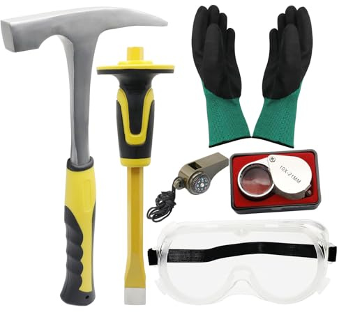 Karier 6Pcs Geology Rock Pick Equipment Kit, 30oz Hammer and 12 Digging Chisel, Safety Glasses, Whistle, Jewelers Loupe and Gloves Tool Set for Rock Hounding Stone Breaking