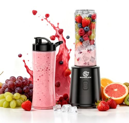 SUPERLEX Portable Blender, 400W Mini Smoothie Maker with 2x600ml Bottles | BPA-Free Bottles with Leak Proof Lids, One-Touch Operation for Protein Shakes, Gym, Travel & Home Use