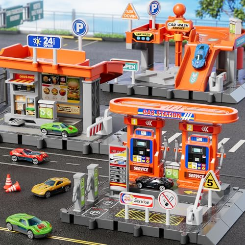 KIZONLY Toy Cars Playsets, 3-in-1 Activity Drivers Playset, Gasstation, Car Wash, Car Restaurant Playset, 1:64 Scale Toy Cars and Car Garage Toys for Toddlers 1-3, Parking lot with Track