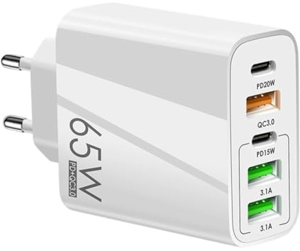 Tomedeks Cargador multipuerto USB C, 65W 5 Puertos Enchufe USB,PD15W 20W+QC3.0+3.1A, Cargador Carga Rapida para iPhone, Samsung,Xiaomi,Huawei(C)