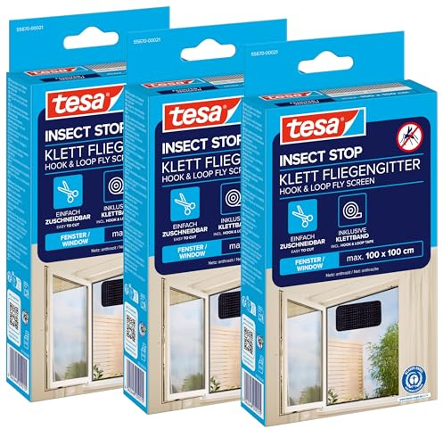 tesa Insect Stop Standard Fliegengitter für Fenster - Insektenschutz zuschneidbar - Mückenschutz ohne Bohren (3 Stück, Anthrazit (Durchsichtig), 1,0m:1,0m)