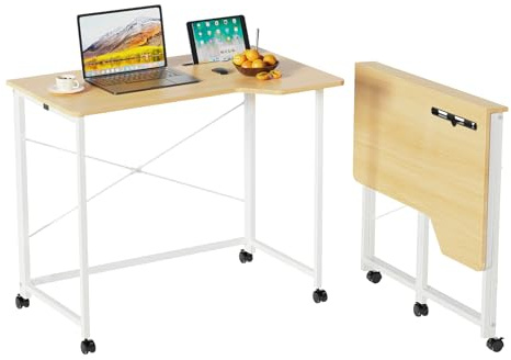 DHHOZAMZ Schreibtisch Klappbar mit Rollen, 90x56x75cm, Klappbarer Schreibtisch Kleiner, Computertisch, Nähtisch klappbar, Platzsparend, Laptoptisch fürs Büro, Homeoffice. (Eiche-a)