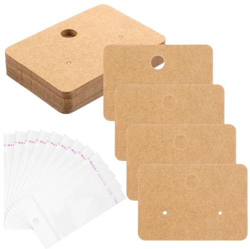 FdcLixuvol 100 Pcs Earring Display Cards with 100 Self Adhesive Bags 2x1.4 inch Brown Jewelry Holder Tags for Selling and Craft Display Hanging