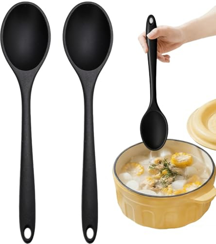 2 Pcs Silicone Spoons,10.8 Inch Mixing Spoons for cooking,Heat Resistant for Kitchen Cooking Baking Stirring Mixing Tools (BLACK)