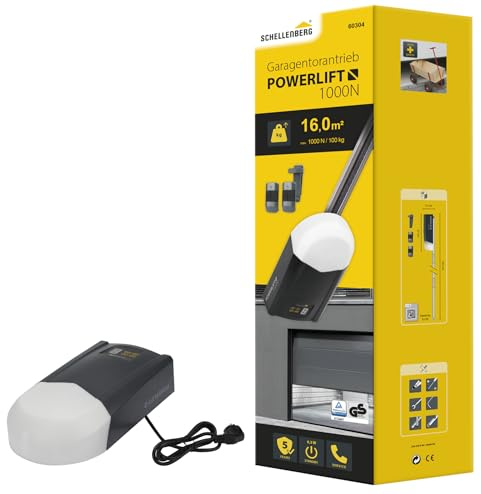 Schellenberg Garagentorantrieb Powerlift 1000 N, max. Torfläche 16 m², Zugkraft 1000 N, inkl. 2x 433,92 MHz 4-Kanal Handsender und Sonnenblendenclip für Handsender, 60304