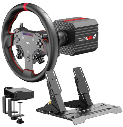 PXN VD4 Pack Volant de Course Direct Drive – Base Servo-Moteur 4 Nm avec Système de Fixation Rapide, Volant W AS, Pédales PD HM Frein & Accélérateur, Table Clamp – Compatible PC Windows
