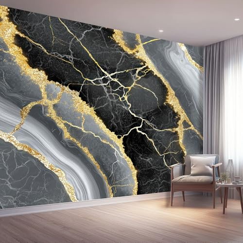 Estilo De Lujo Ligero Papel Pintado Salon 200 x 140 cm, Textura De Piedra Dorada Fotomurales Tejido No Tejido Papel Tapiz Fotográfico Decorativos Murales Dormitorio Oficina