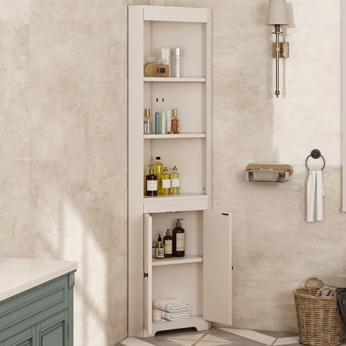 DACHETOU Armario alto para cuarto de baño, color blanco, 50 x 170 cm, tres compartimentos abiertos, puertas batientes protegidas contra la humedad, estantes deslizantes, forma simple