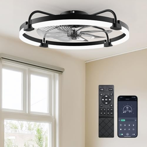 Ensenior Deckenventilator mit Beleuchtung, 60cm Deckenlampe mit Ventilator & Fernbedienung, 6 Geschwindigkeiten Leise, Stufenlos Dimmbar (3000K-6500K), Flaches Design für Schlafzimmer Büro - Schwarz