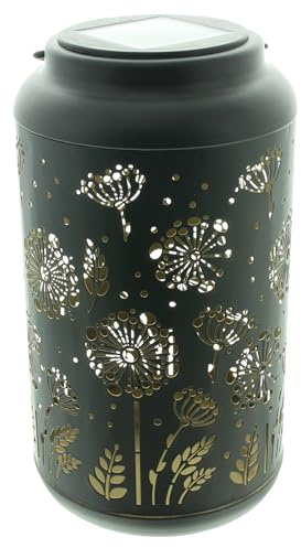 FRANK FLECHTWAREN Solar-Laterne Pusteblume, Metall, mattschwarz, innen vergoldet, umlegbarer Henkel, warmweiße LED, Solarpanel, Kunststoff Maße: Ø 12 x 22 cm, für den Außenbereich geeignet