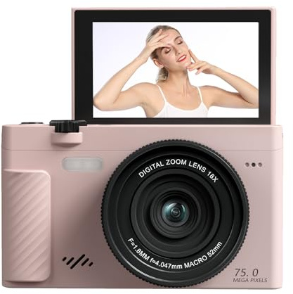 Sxhlseller 4K Digitalkamera för Fotografering, 75 MP WiFi-videokamera med 3,0-tums Vändskärm, 18x Zoom Autofokus WiFi-resekameror APP Försköna Funktion för Resor Landskap (Rosa)