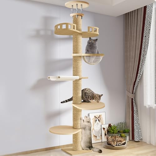 Kratzbaum, Deckenspanner Kratzbaum für große Katzen, Höhenverstellbarer XXL Katzenturm mit 6 Ebenen, Stabiler Kratzbaum aus Massivholz & Hanfseil, Kratzbaum für schwere Katzen (315 cm)