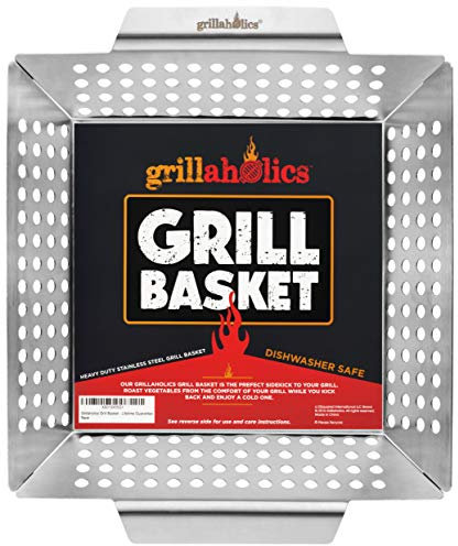 Grillaholics Deluxe BBQ Grill Basket - Large Grilling Basket for More Vegetables - Stainless Steel Grilling Accessories Built to Last - Perfect Vegetable Grill Basket for All Barbecues and Veggies