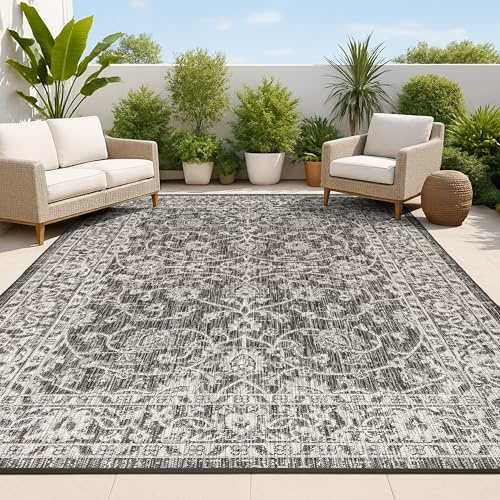 JONATHAN Y Vine and Border Indoor Outdoor Area Rug 8X10 Black/Gray, Palazzo Textured Weave for Backyard, Patio, Porch, Easy-Cleaning, High Traffic, Pet-Friendly, Non-Shedding (SMB103C-8)