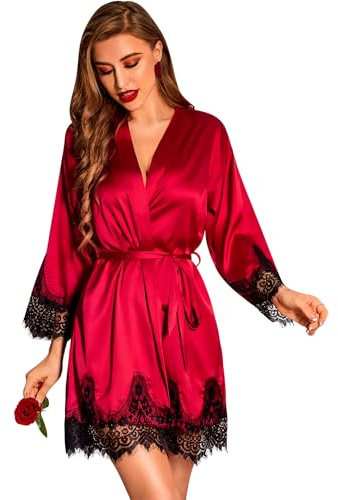 RSLOVE Dam satängrock spetskant kimono morgonrock siden brud/brudtärna rock, Vinrött, XL