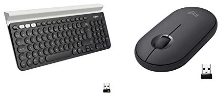 Logitech K780 Multi-Device Wireless Keyboard - Dark Grey/White & Pebble Wireless Mouse, Bluetooth or 2.4 GHz with USB Mini-Receiver, Silent, Slim Computer Mouse with Quiet Click - Graphite/Black
