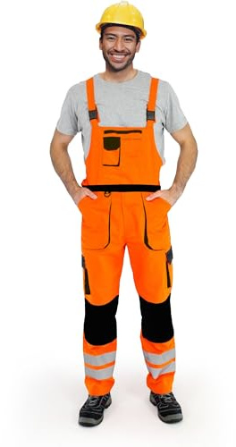 Ploutos - Men's Hi Vis Viz Contrast Bib and Brace Outdoor Workwear Overall High Visibility Safety Protective Dungarees Trousers (L, Orange)