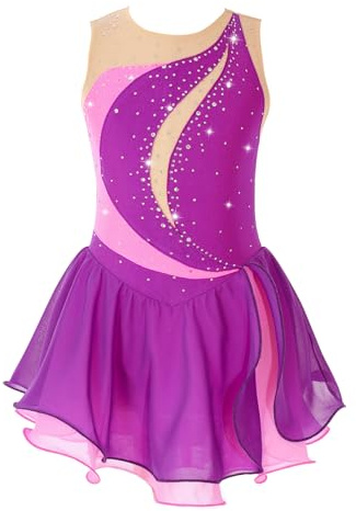 HULIJA Vestido de patinaje artístico para niños y niñas, sin mangas, vestido de patín con brillantes, vestido de danza, maillot de gimnasia, actuación en escenario, ropa de danza, morado, 170-176