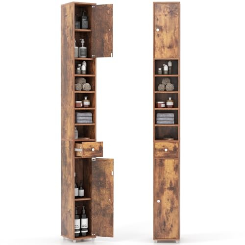 GIANTEX Badschrank Hochschrank, 20 x 20 x 180 cm, Badezimmerschrank Schmal mit Schublade, 2 Türen & 5 offenen Ablagen, Schrank fürs Badezimmer & Wohnzimmer (5 Ablagen, Braun)