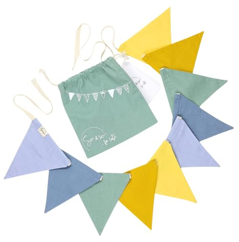 So&So Wimpelkette Stoff, Girlande aus Bio Baumwolle, GOTS zertifiziert- Wimpelkette, Geburtstagsgirlande, Kinderzimmer Deko, Wimpel, Babyzimmer Deko, Wanddeko Kinderzimmer, 5 Farben, 10 Flaggen, 280cm