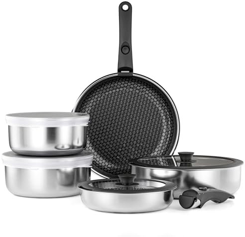 RIOVARM Acciaio inossidabile Set di pentole e padelle Induzione con manici staccabili, Ceramica Antiaderente Impilabile Set di pentole con coperchi, Adatto ai forni, Lavabile in lavastoviglie