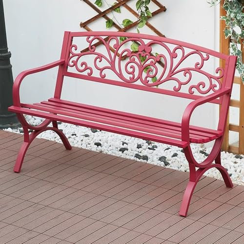 KXJPIZIYB Gartenbank für Die Terrasse, Bank Outdoor Aus Metall mit Armlehnen, Rückenlehne mit Blumenmuster, für Hof, Veranda, Rasen, Balkon, Hinterhof, Parkbank(Red)